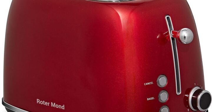 Roter Mond 2 Slice Toaster Retro Stainless Steel with Bagel, Cancel, and Defrost Functions, 6 Bread Shade Settings, Extra Wide Slots and Removable Crumb Tray, Red