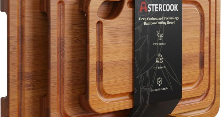 Astercook Deep-Carbonized Bamboo Cutting Boards for Kitchen with Wood Storage Stand, Reversible Charcuterie & Chopping Boards with Juice Grooves and Easy-Grip Handles, Fathers Day Gift for Men